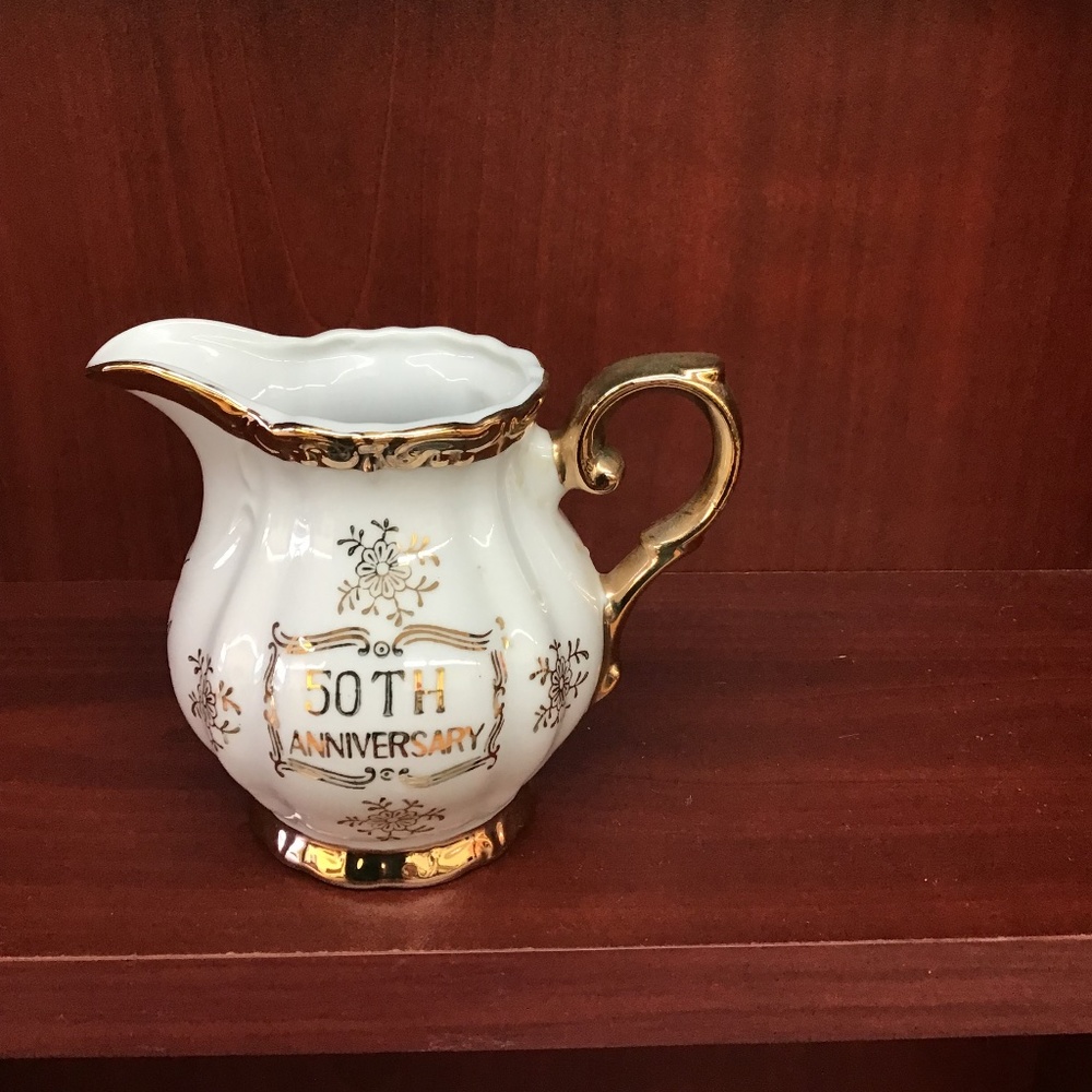 Vintage 50th Anniversary Creamer Pitcher Gold Trim Floral Japan‎